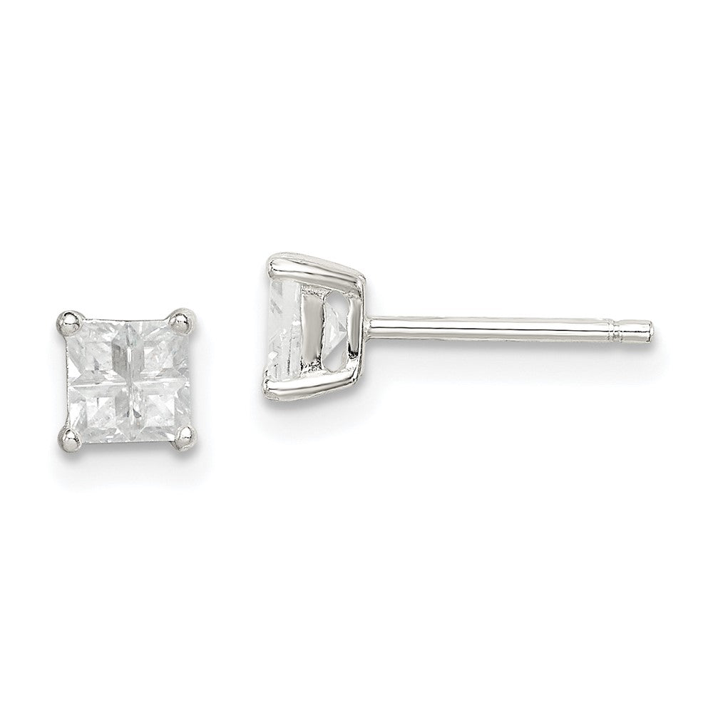 Sterling Silver Square Cross-cut CZ Basket Set Stud Earrings