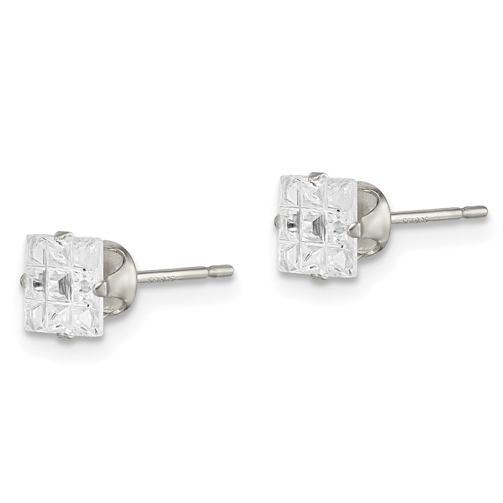 Sterling Silver Square Snap Set Laser-cut CZ Stud Earrings