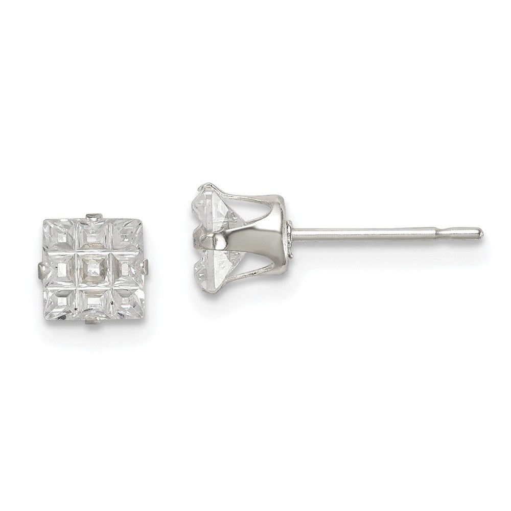 Sterling Silver Square Snap Set Laser-cut CZ Stud Earrings