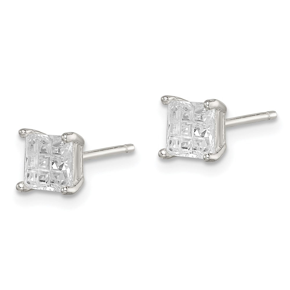 Sterling Silver Square Laser-cut CZ Basket Set Stud Earrings