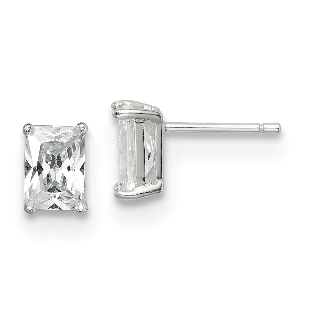 Sterling Silver Polished Emerald-cut 7x Basket Set CZ Stud Earrings