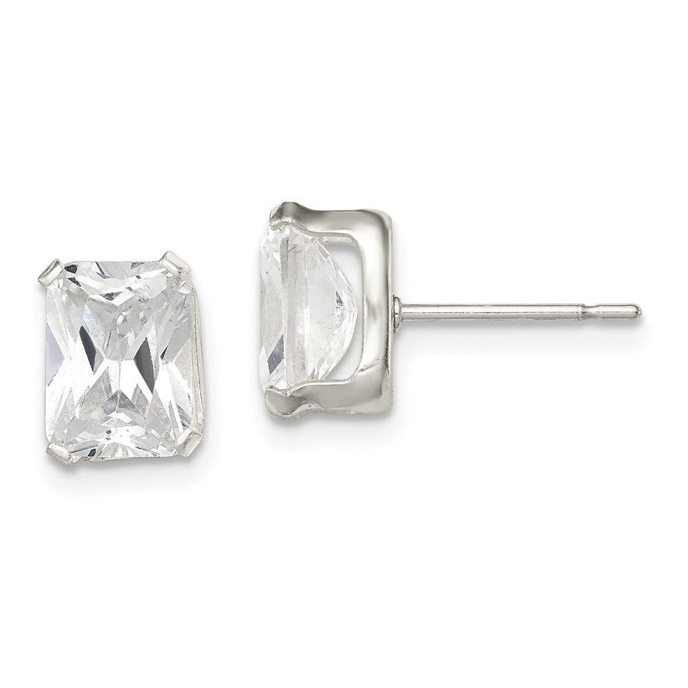 Sterling Silver Polished Emerald-cut 8x Basket Set CZ Stud Earrings