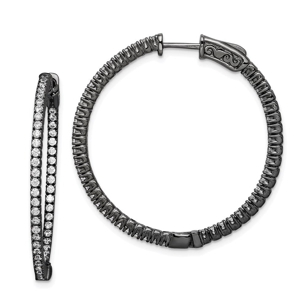 Sterling Shimmer Black Rhodium-plated 100 Stone CZ In and Out Round Hinged Hoop Earrings