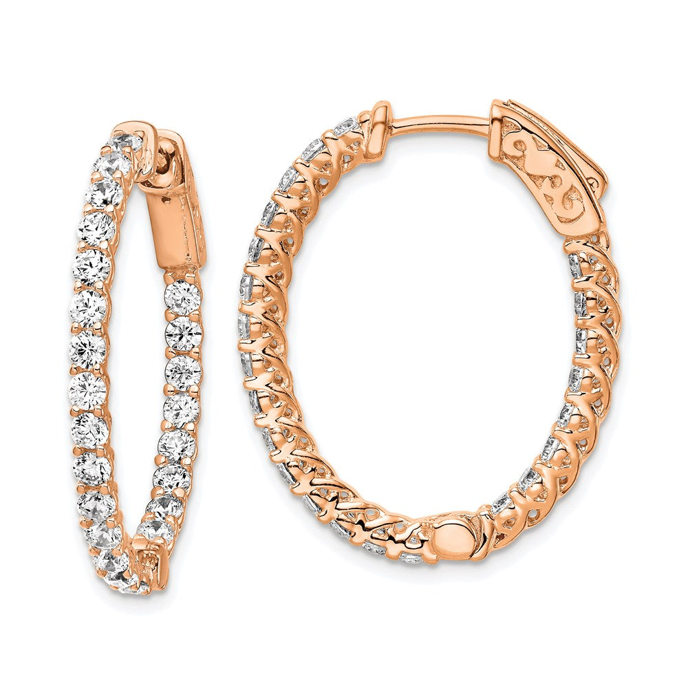 Sterling Shimmer Sterling Silver Rose-tone Flash Rose Gold-plated 46 Stone CZ In and Out Oval Hinged Hoop Earrings