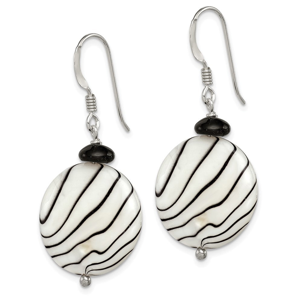 Sterling Silver Polished Black Agate/Zebra Mother of Pearl Dangle French Hook Earrings