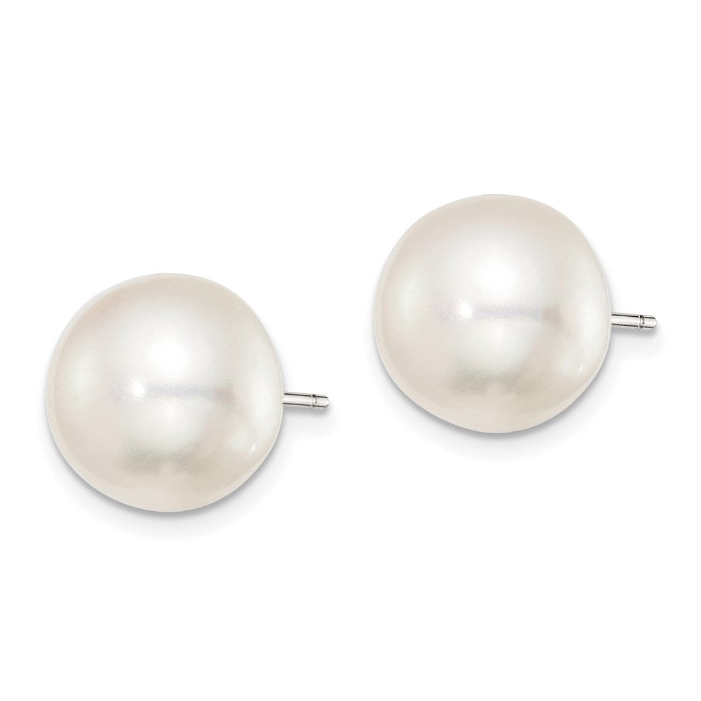 Sterling Silver Rhodium-plated 11- White Button Freshwater Cultured Pearl Post Earrings