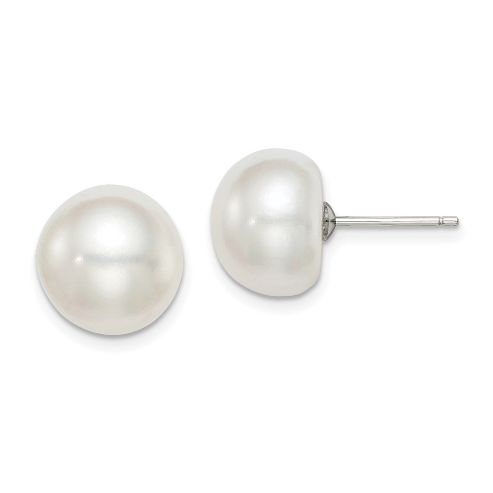 Sterling Silver Rhodium-plated 11- White Button Freshwater Cultured Pearl Post Earrings