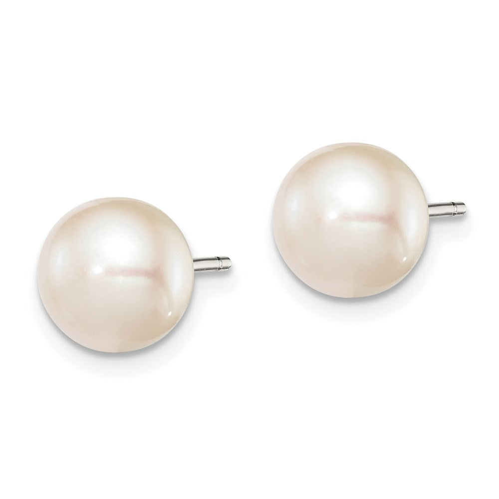 Sterling Silver Rhodium-plated 8- White Button Freshwater Cultured Pearl Post Earrings