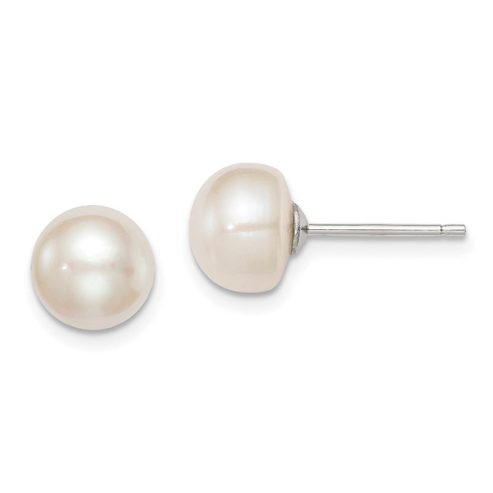 Sterling Silver Rhodium-plated 8- White Button Freshwater Cultured Pearl Post Earrings