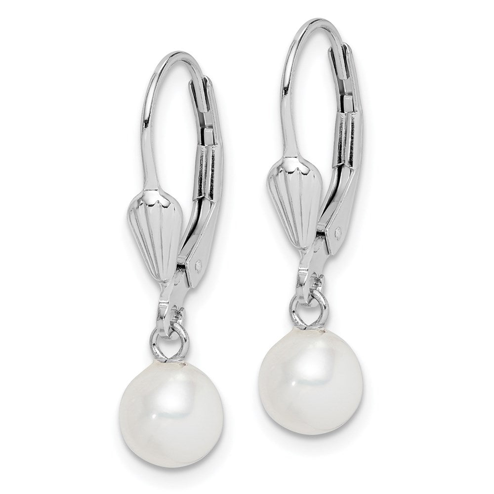 Sterling Silver Rhodium-plated 6- White Round Freshwater Cultured Pearl Leverback Dangle Earrings