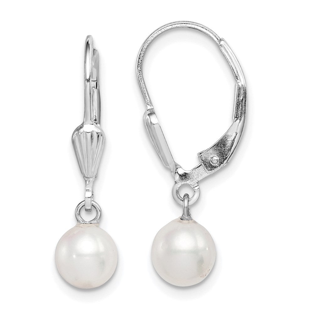 Sterling Silver Rhodium-plated 6- White Round Freshwater Cultured Pearl Leverback Dangle Earrings