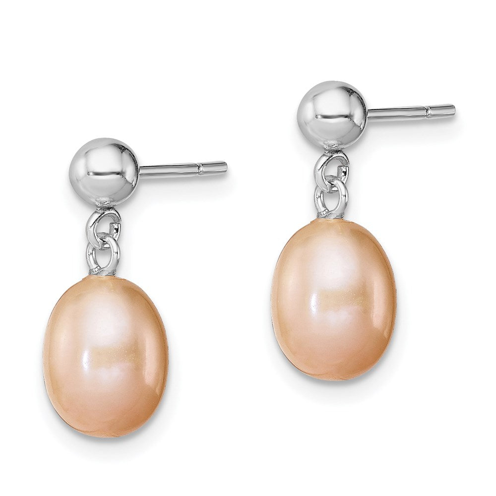 Sterling Silver Rhodium-plated 7- Pink Teardrop Freshwater Cultured Pearl Post Dangle Earrings