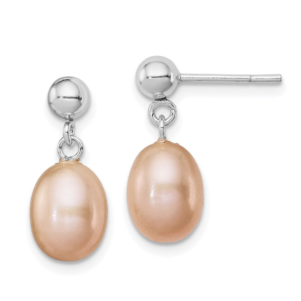 Sterling Silver Rhodium-plated 7- Pink Teardrop Freshwater Cultured Pearl Post Dangle Earrings
