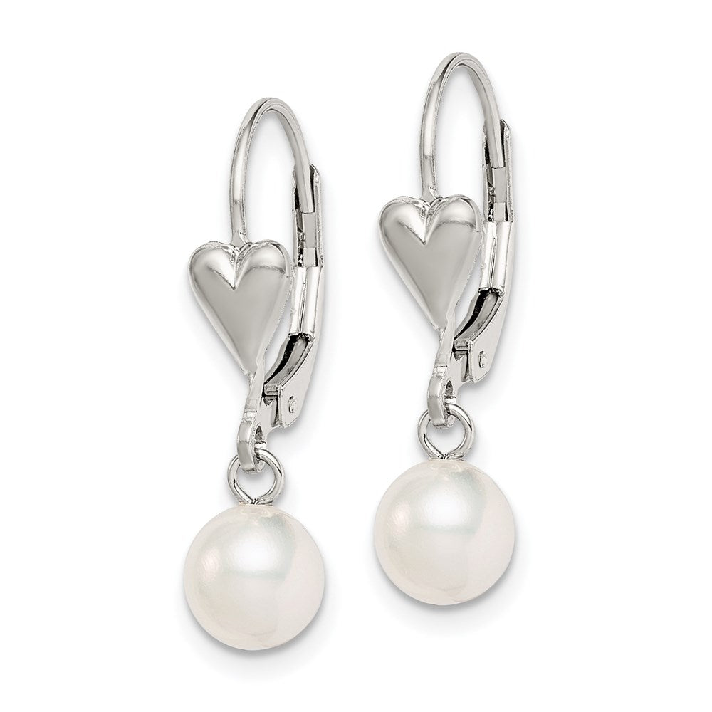 Sterling Silver Rhodium-plated 6- White Round Freshwater Cultured Pearl Heart Leverback Dangle Earrings