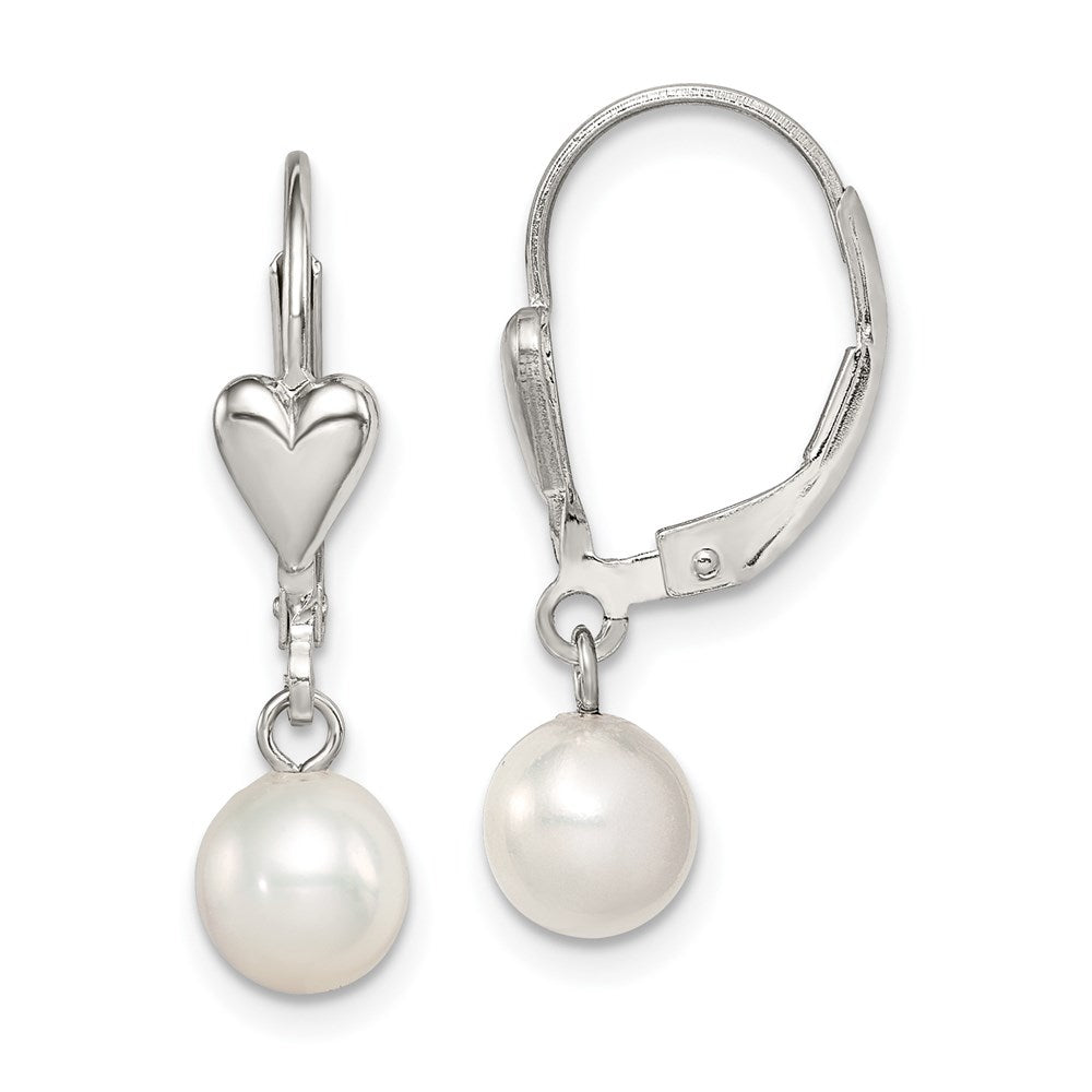 Sterling Silver Rhodium-plated 6- White Round Freshwater Cultured Pearl Heart Leverback Dangle Earrings