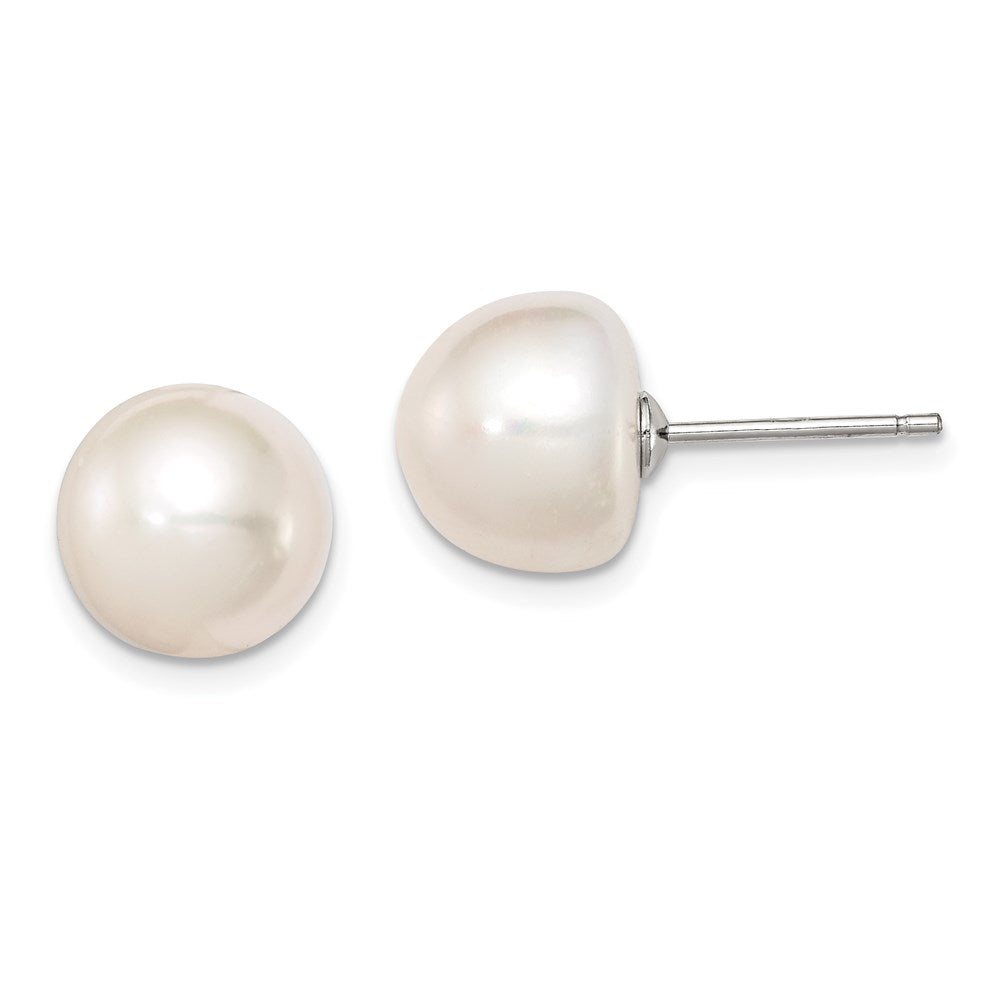 Sterling Silver Rhodium-plated 10- White Button Freshwater Cultured Pearl Post Earrings