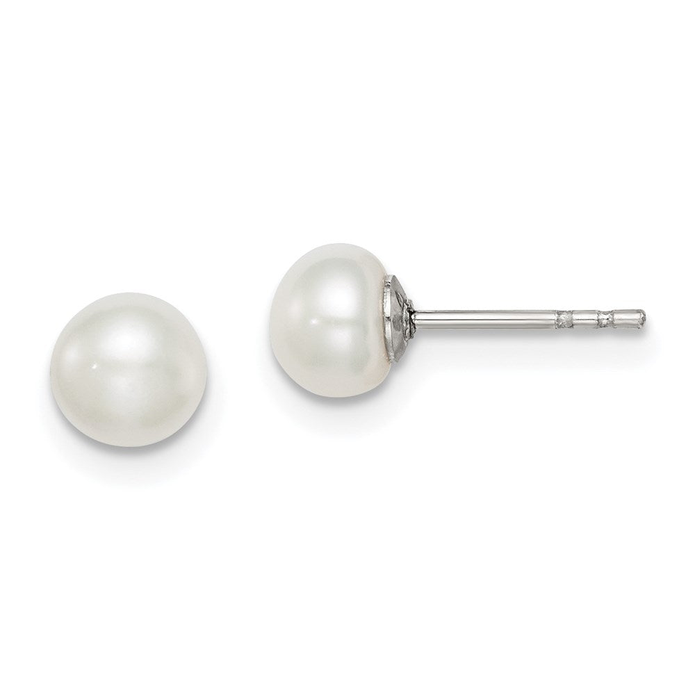 Sterling Silver Rhodium-plated 5- White Button Freshwater Cultured Pearl Post Earrings