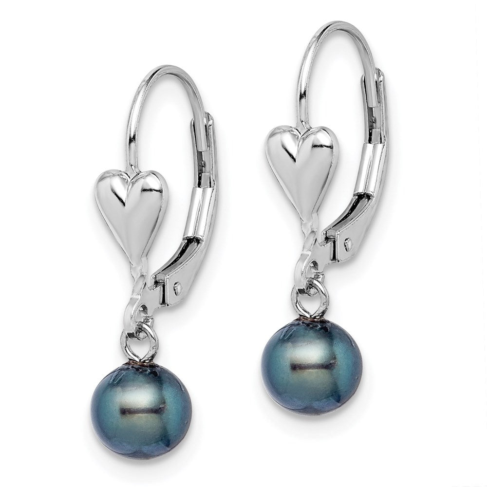 Sterling Silver Rhodium-plated 6- Black Round Freshwater Cultured Pearl Heart Leverback Dangle Earrings