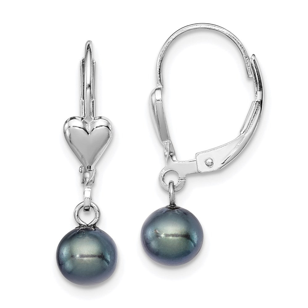 Sterling Silver Rhodium-plated 6- Black Round Freshwater Cultured Pearl Heart Leverback Dangle Earrings