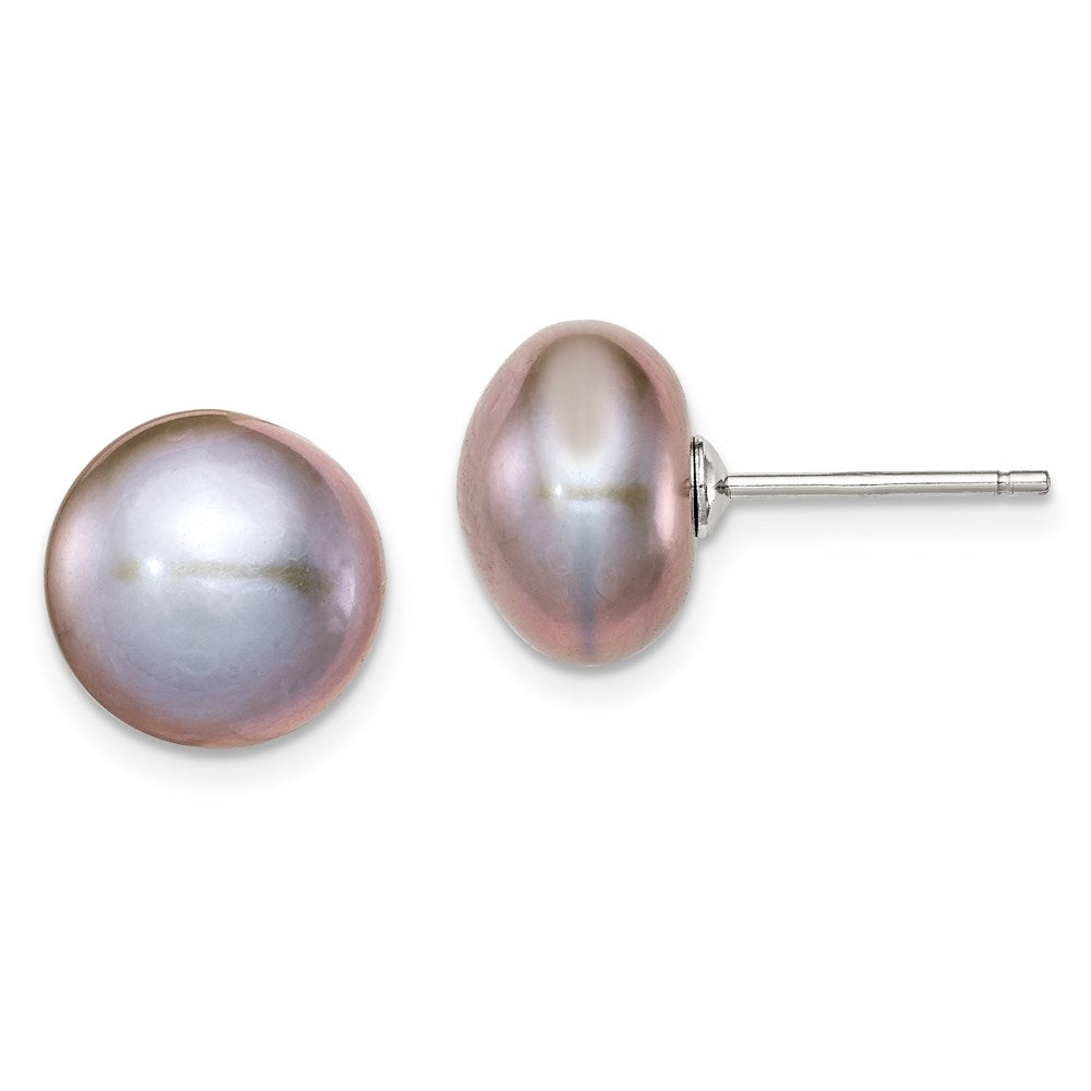 Sterling Silver Rhodium-plated 10- Grey Button Freshwater Cultured Pearl Post Earrings