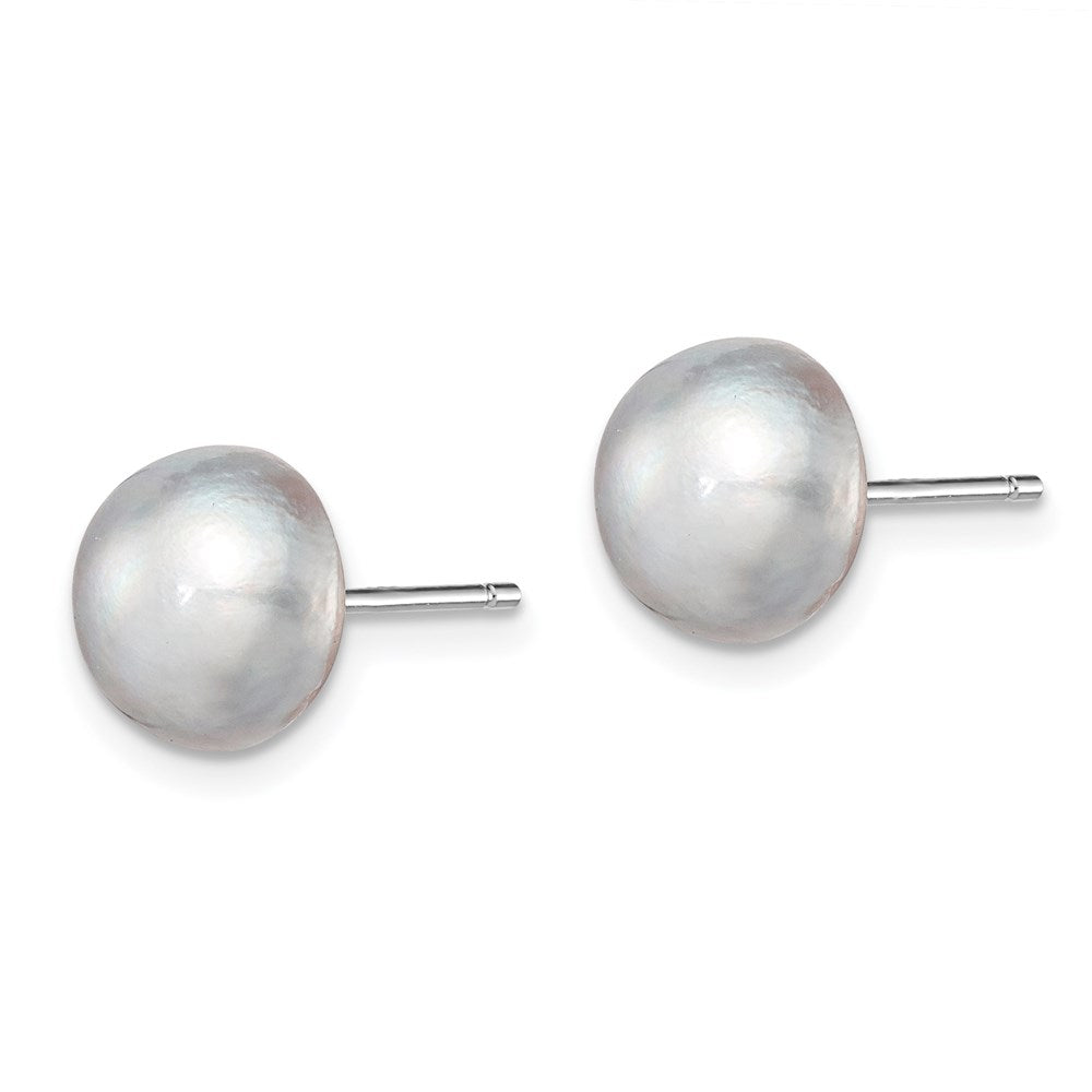 Sterling Silver Rhodium-plated 8- Grey Button Freshwater Cultured Pearl Post Earrings