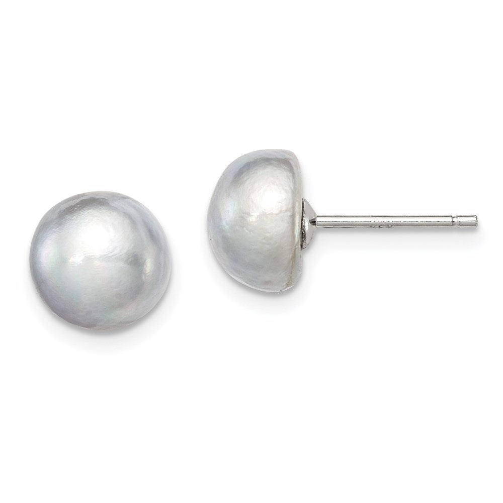 Sterling Silver Rhodium-plated 8- Grey Button Freshwater Cultured Pearl Post Earrings
