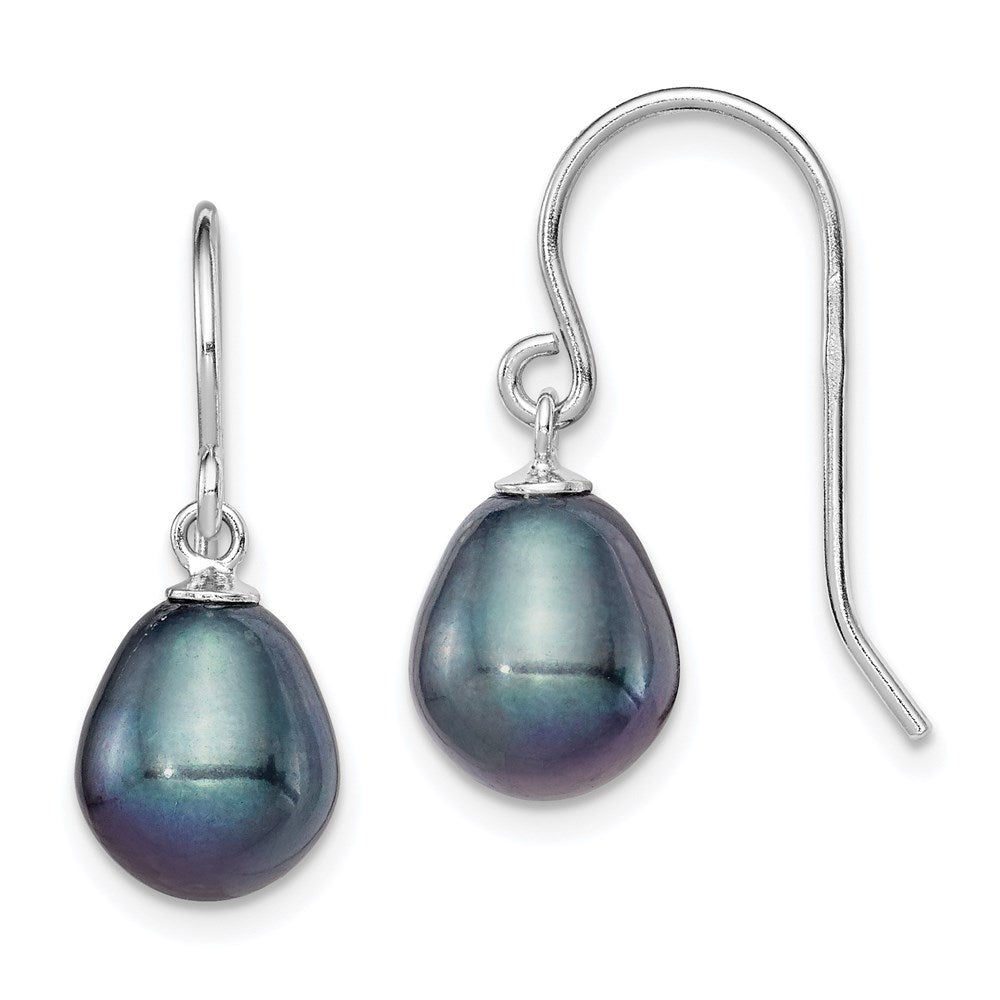 Sterling Silver Rhodium-plated 8- Black Rice Freshwater Cultured Pearl Dangle Earrings