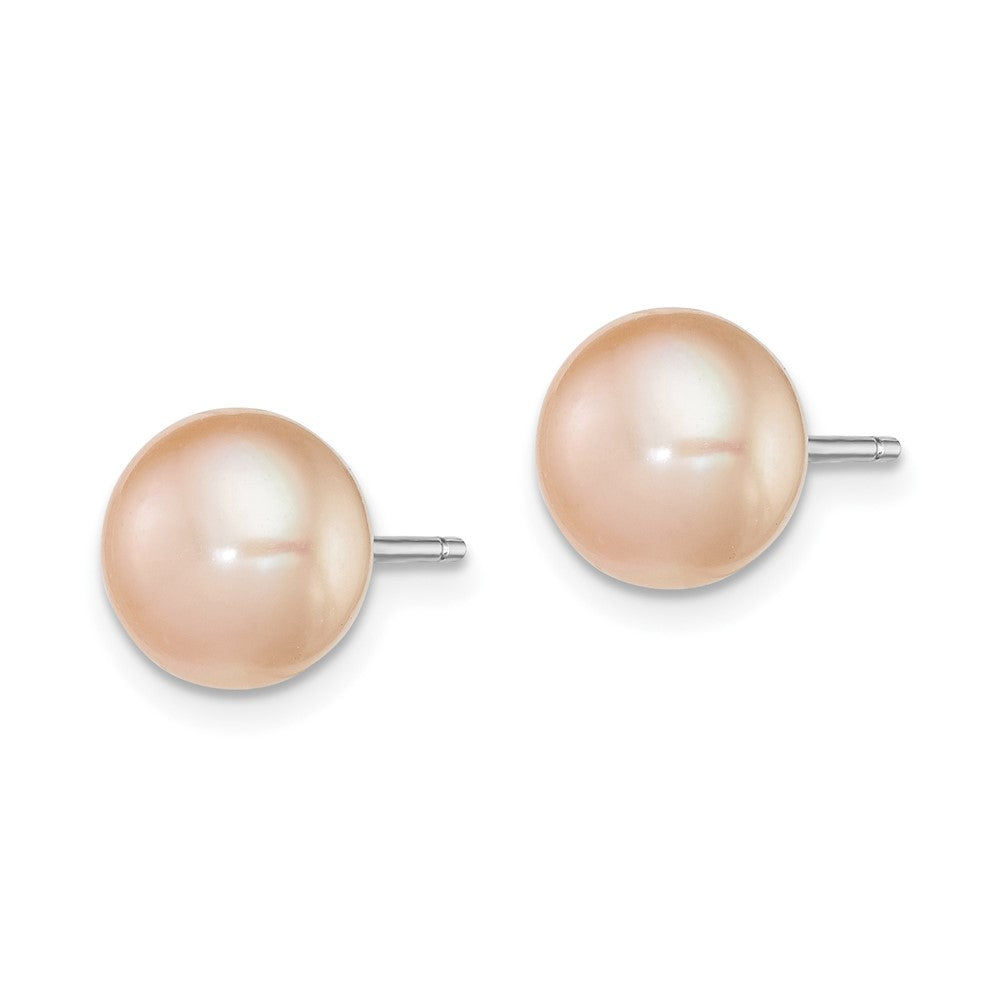 Sterling Silver Rhodium-plated 8- Pink Button Freshwater Cultured Pearl Post Earrings