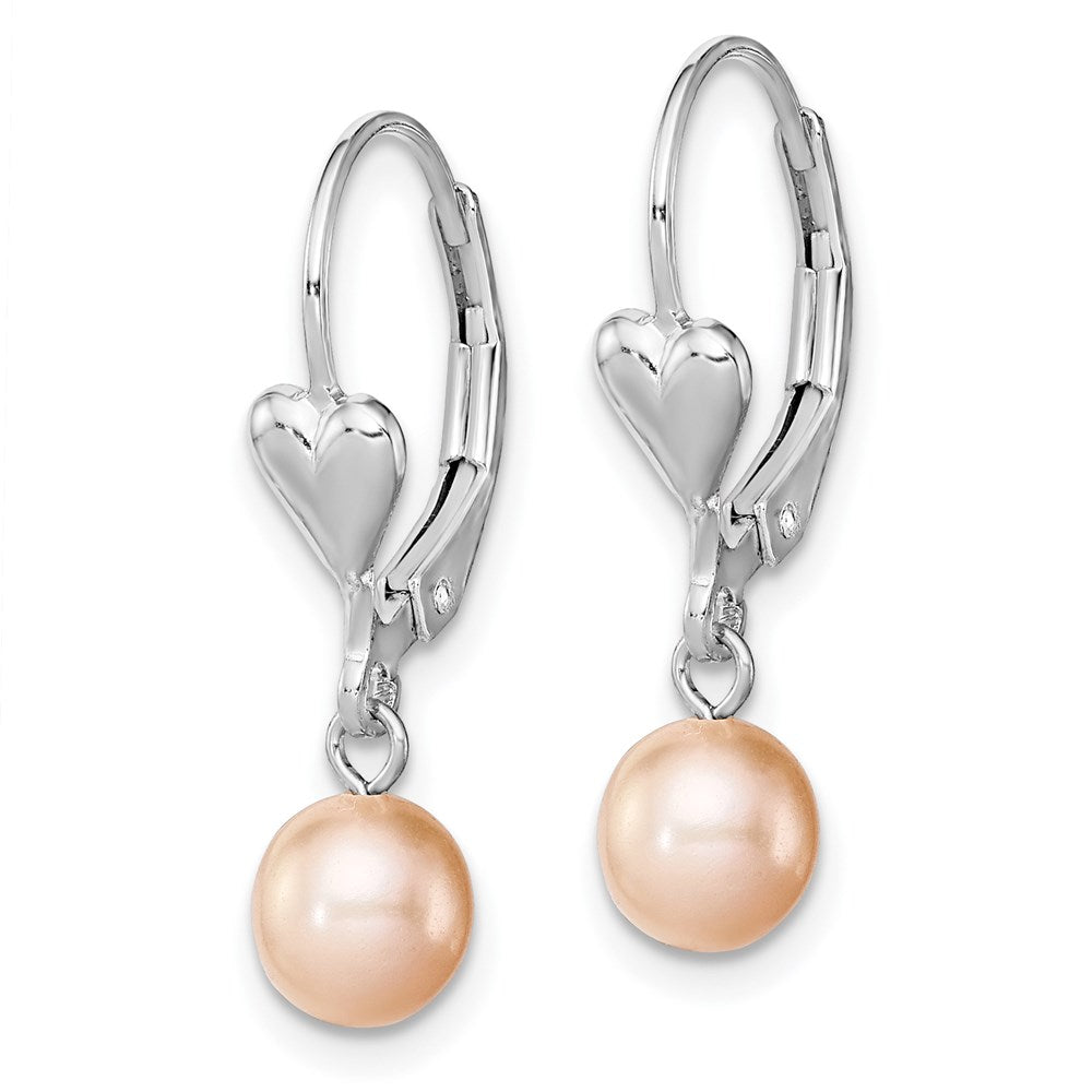 Sterling Silver Rhodium-plated 6- Pink Round Freshwater Cultured Pearl Heart Leverback Dangle Earrings