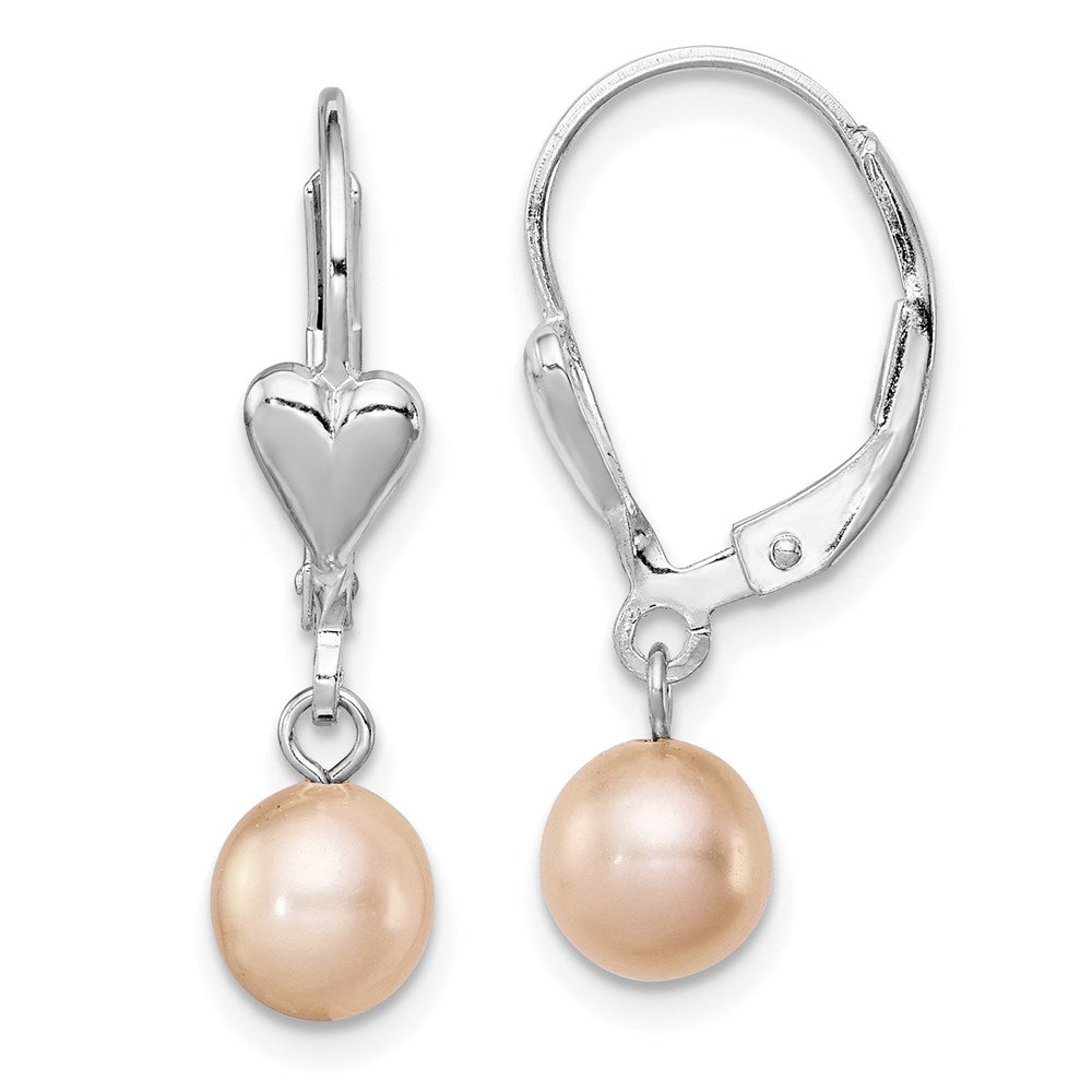 Sterling Silver Rhodium-plated 6- Pink Round Freshwater Cultured Pearl Heart Leverback Dangle Earrings