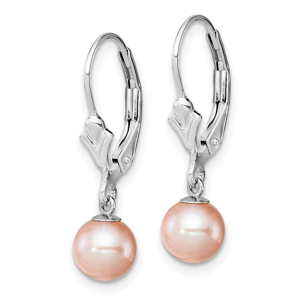 Sterling Silver Rhodium-plated 6- Pink Round Freshwater Cultured Pearl Leverback Dangle Earrings