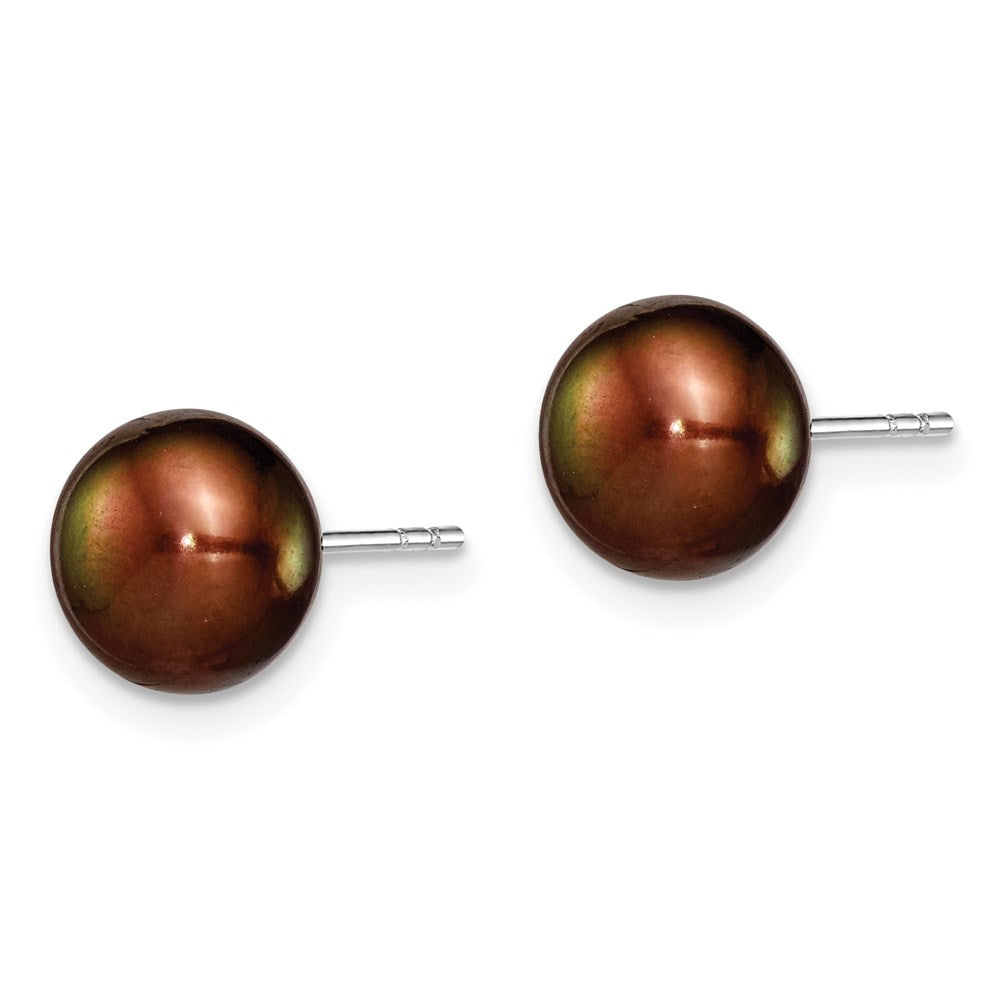Sterling Silver Rhodium-plated 8- Brown Button Freshwater Cultured Pearl Post Earring