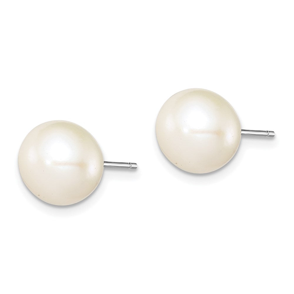 Sterling Silver Rhodium-plated 9- White Button Freshwater Cultured Pearl Post Earrings