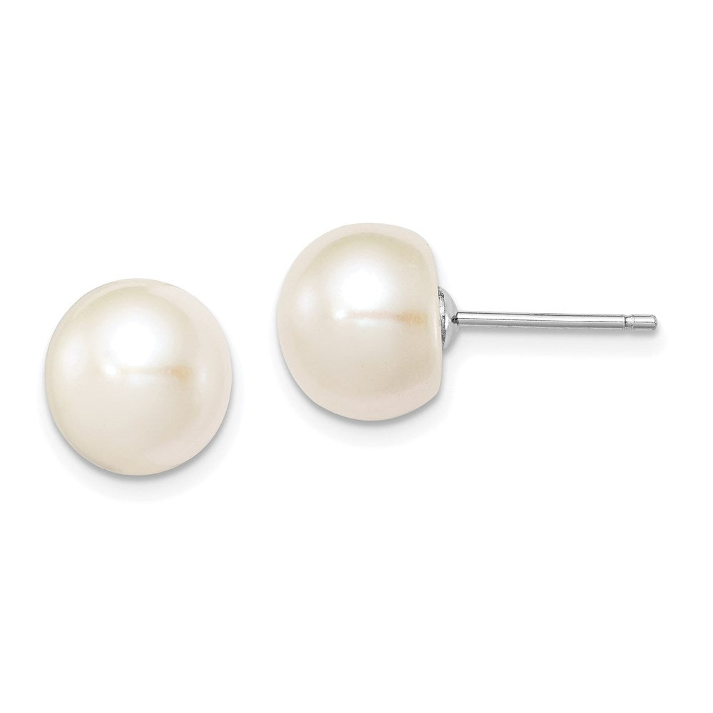 Sterling Silver Rhodium-plated 9- White Button Freshwater Cultured Pearl Post Earrings