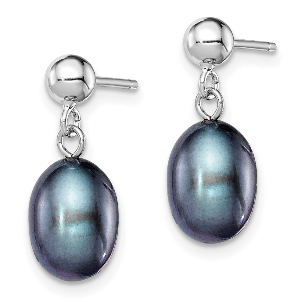 Sterling Silver Rhodium-plated 7- Black Rice Freshwater Cultured Pearl Post Dangle Earrings