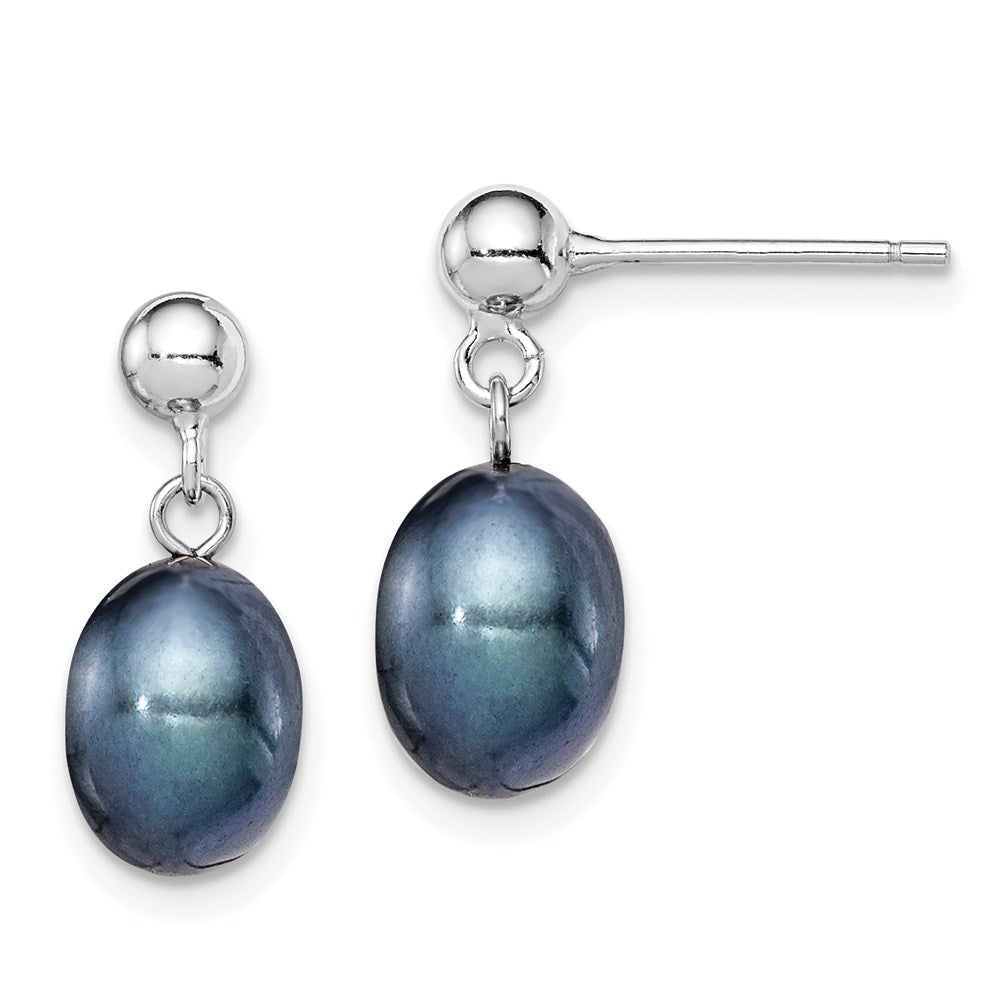 Sterling Silver Rhodium-plated 7- Black Rice Freshwater Cultured Pearl Post Dangle Earrings