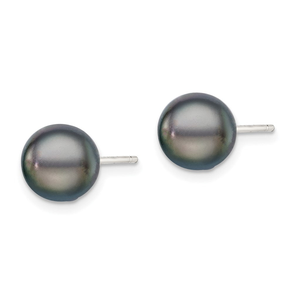 Sterling Silver Rhodium-plated 8- Black Button Freshwater Cultured Pearl Post Earrings