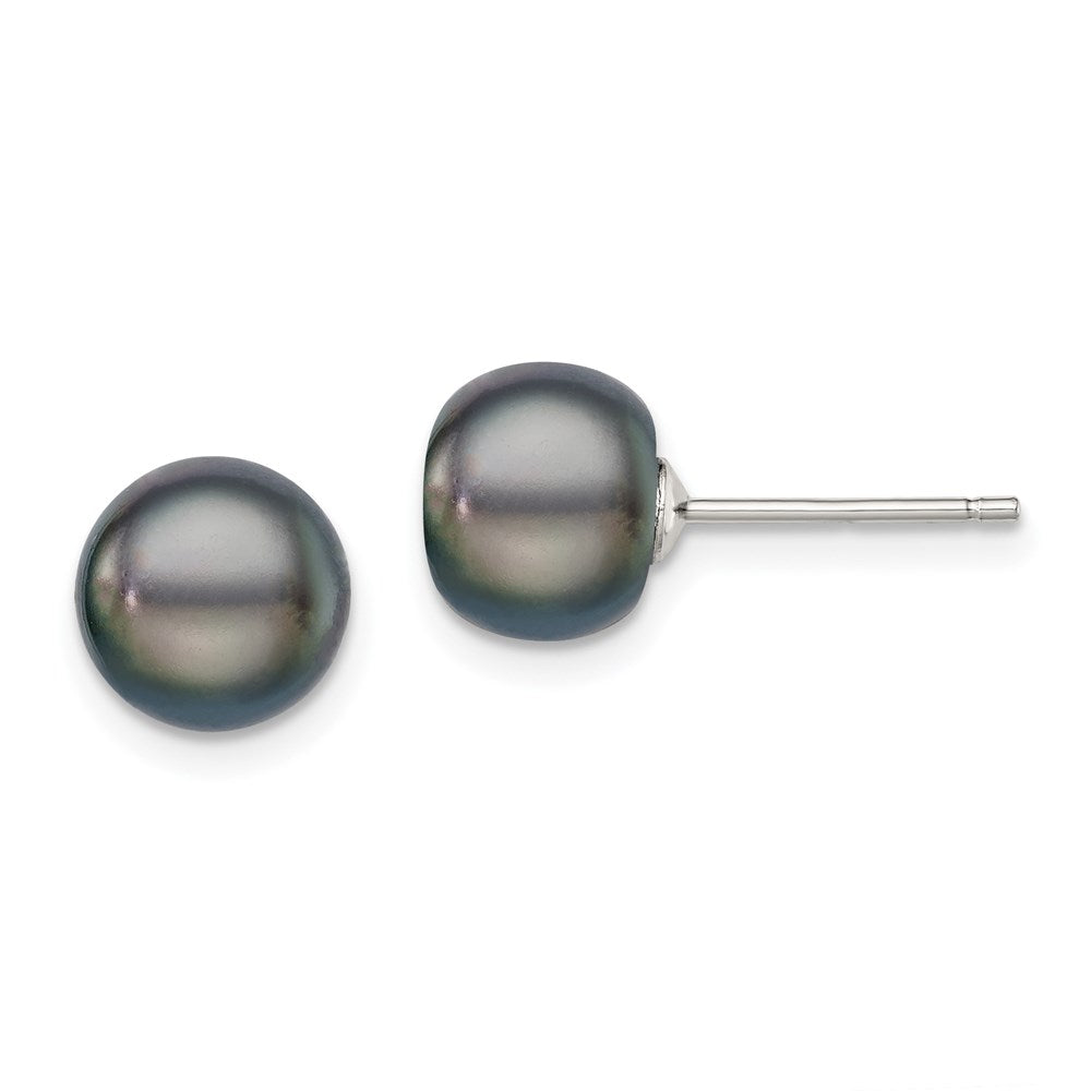 Sterling Silver Rhodium-plated 8- Black Button Freshwater Cultured Pearl Post Earrings