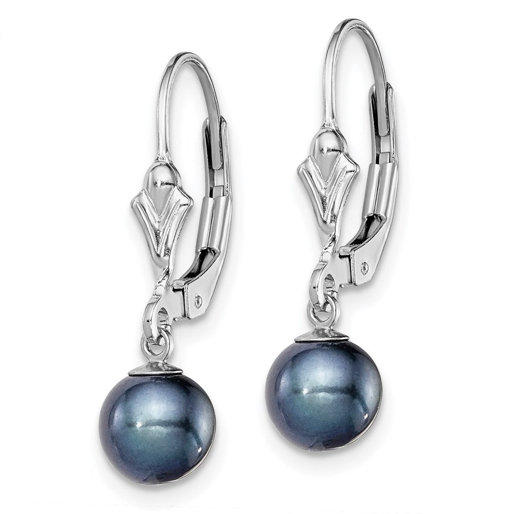 Sterling Silver Rhodium-plated 6- Black Round Freshwater Cultured Pearl Leverback Dangle Earrings