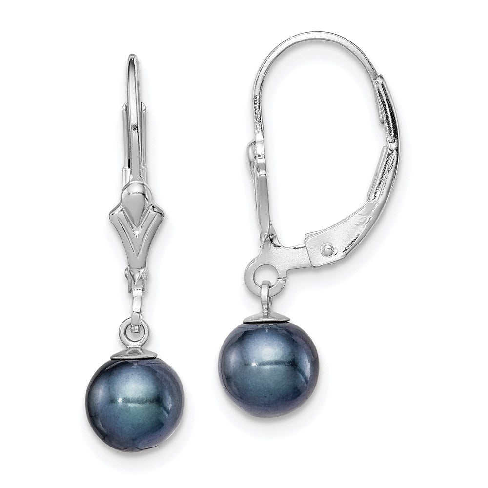 Sterling Silver Rhodium-plated 6- Black Round Freshwater Cultured Pearl Leverback Dangle Earrings