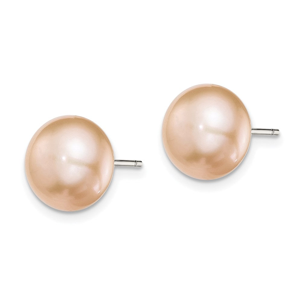Sterling Silver Rhodium-plated 10- Pink Button Freshwater Cultured Pearl Post Earrings