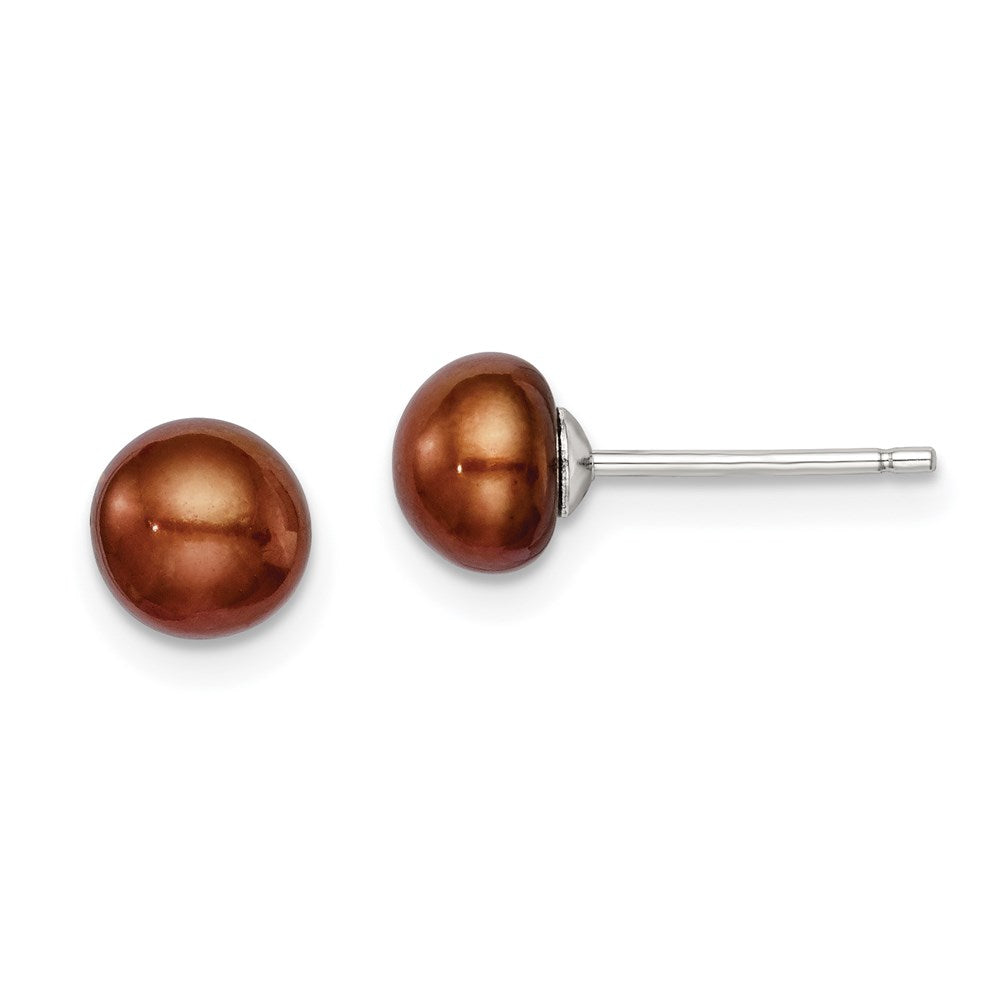 Sterling Silver Rhodium-plated 6- Brown Button Freshwater Cultured Pearl Post Earring