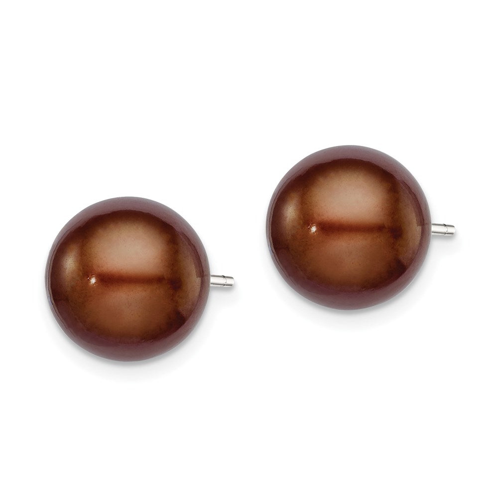 Sterling Silver Rhodium-plated 10- Brown Button Freshwater Cultured Pearl Post Earrings