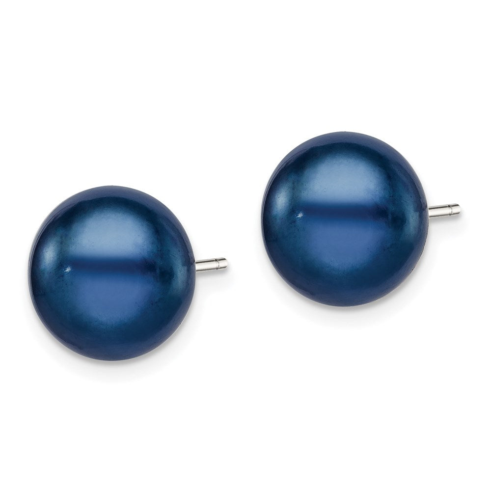 Sterling Silver Rhodium-plated 10- Black Button Freshwater Cultured Pearl Post Earrings