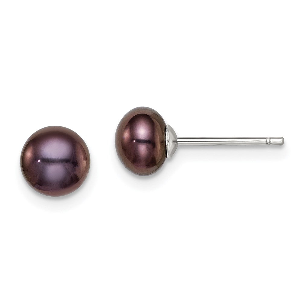 Sterling Silver Rhodium-plated 6- Black Button Freshwater Cultured Pearl Post Earrings