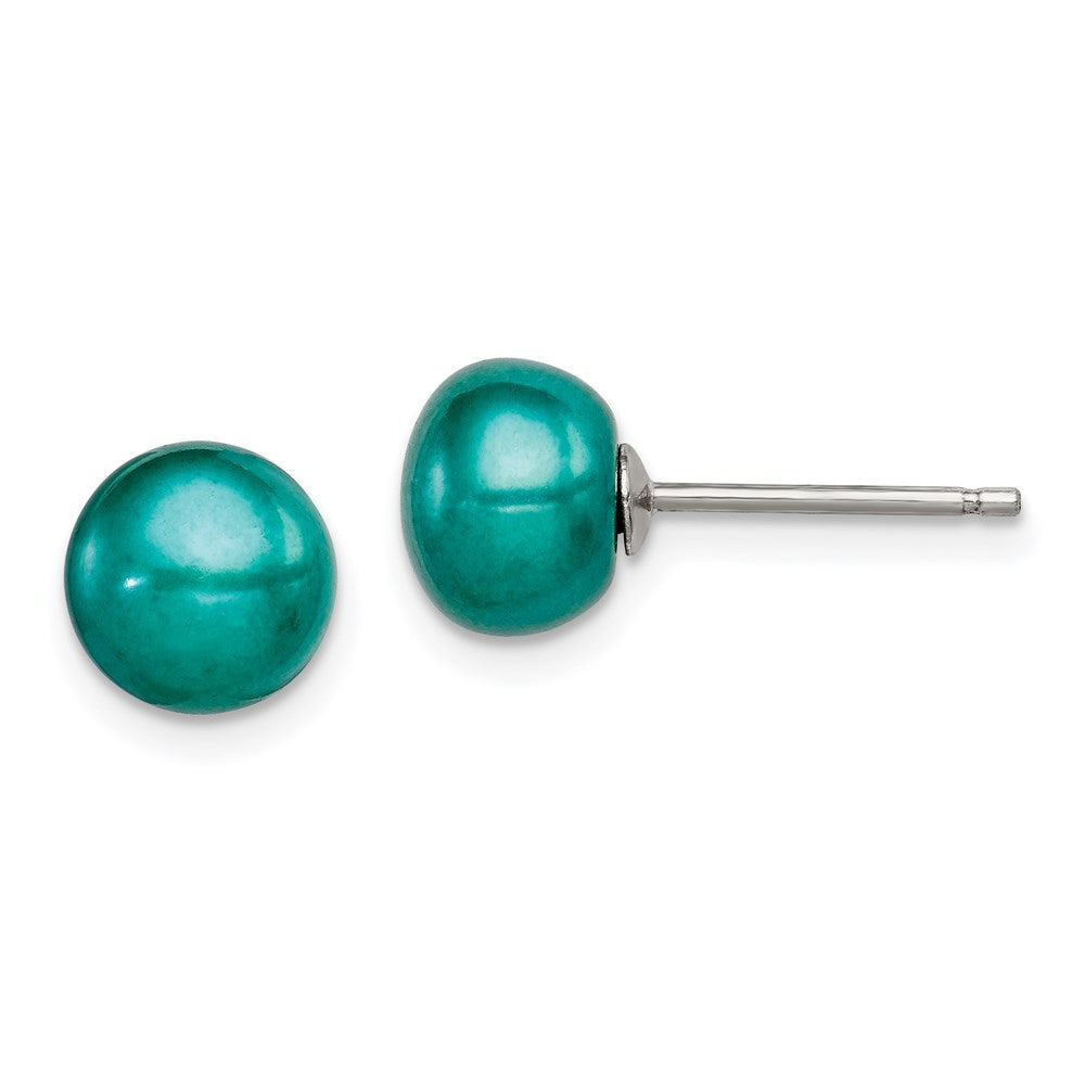Sterling Silver Polished Teal 6- Freshwater Cultured Pearl Button Post Earrings