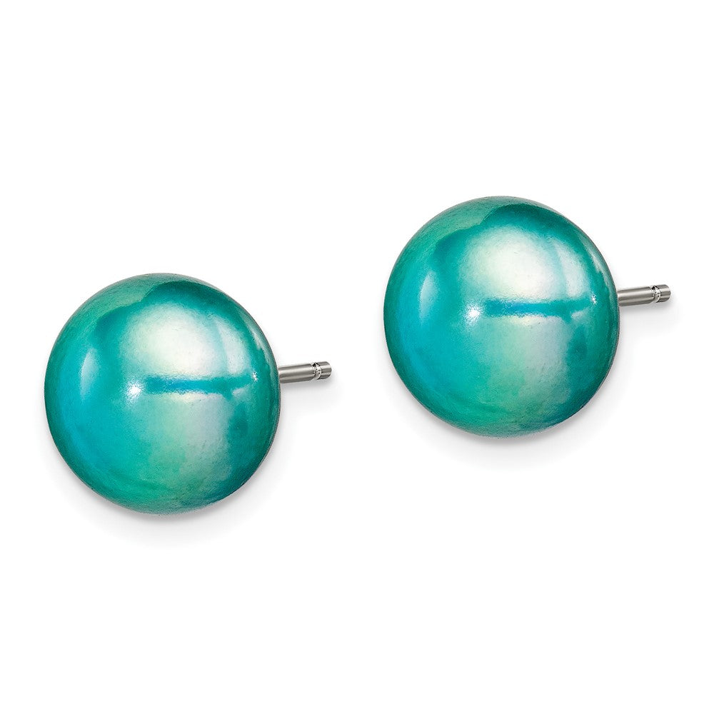 Sterling Silver Polished Teal 10- Freshwater Cultured Pearl Button Post Earrings