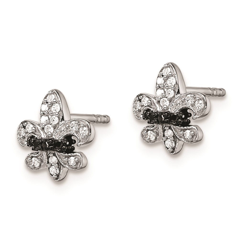 White Night Sterling Silver Rhodium-plated Black and White Diamond Fleur de Lis Post Earrings