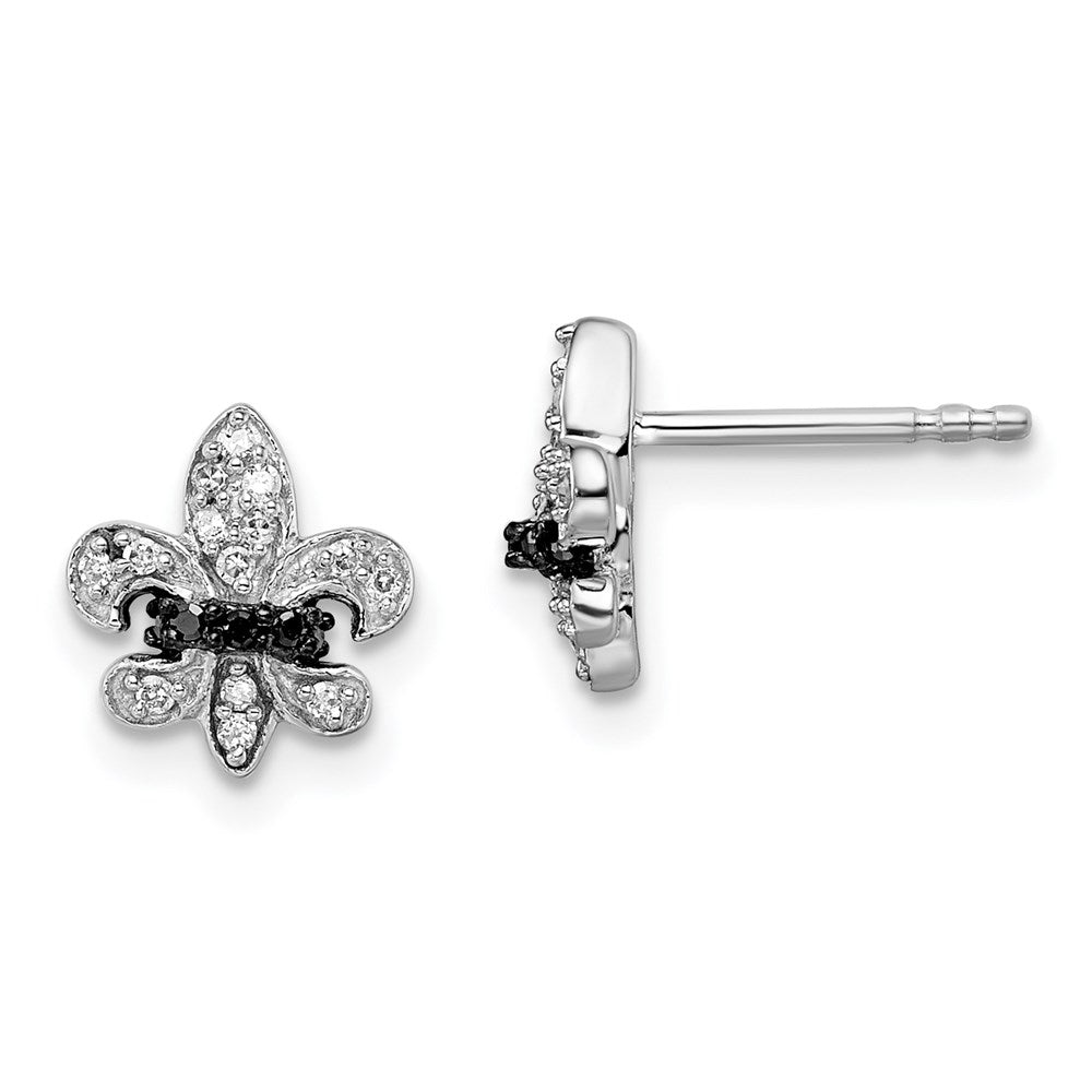 White Night Sterling Silver Rhodium-plated Black and White Diamond Fleur de Lis Post Earrings