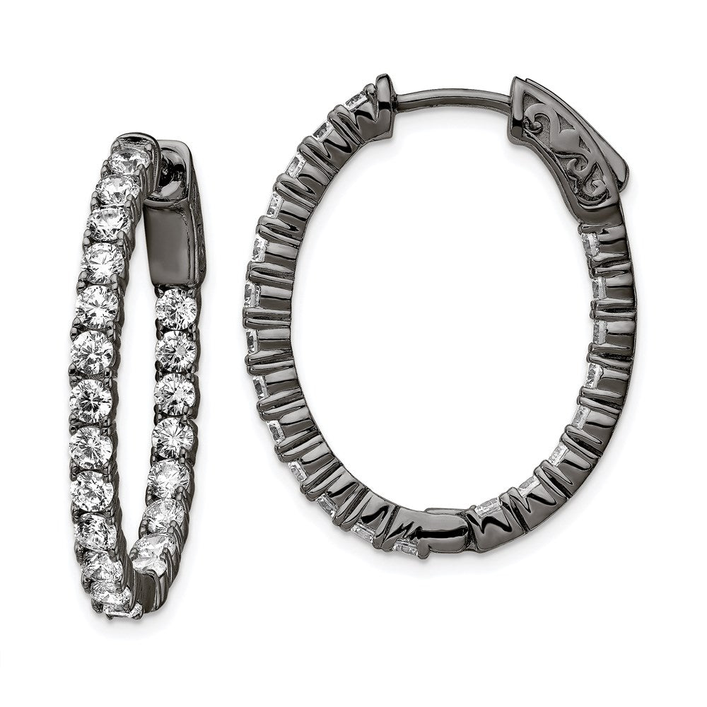 Sterling Shimmer Black Rhodium-plated 42 Stone CZ In and Out Oval Hinged Hoop Earrings